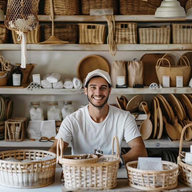 Owner a craft business while in a craft shop with handmade crafts on the shelf background