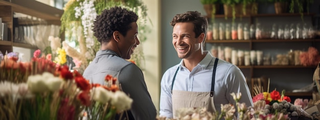 Owner of a flower shop talks to a customer to help him choose a bouquet of flowers