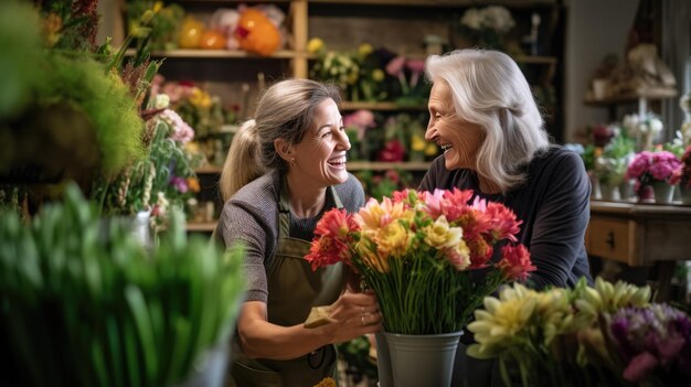 Owner of a flower shop talks to a customer to help him choose a bouquet of flowers