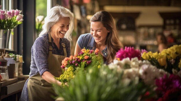 Owner of a flower shop talks to a customer to help him choose a bouquet of flowers