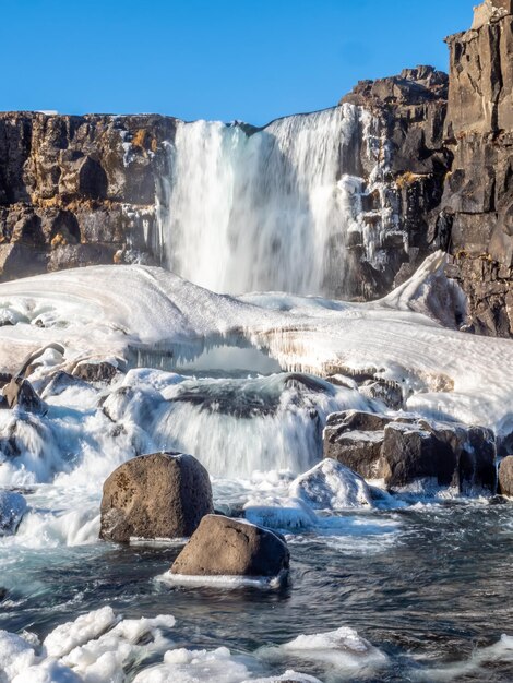 Thingvellir 국립 공원 아이슬란드의 강력한 폭포 옥사라포스