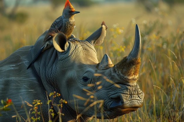 Photo an oxpecker perched on a rhinos back picking off parasites in a symbiotic relationship