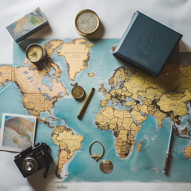 여권, 세계지도 및 상징적 인 랜드 마크 이미지로 여행의 자유와 자유