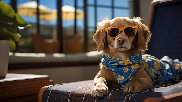 Oyful dog with sunglasses lounging on suitcase at hotel balcony