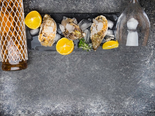 Oyster on ice lemon slices wine bottle and glass Delicatessen and gourment food rich in iodine antioxidants zinc