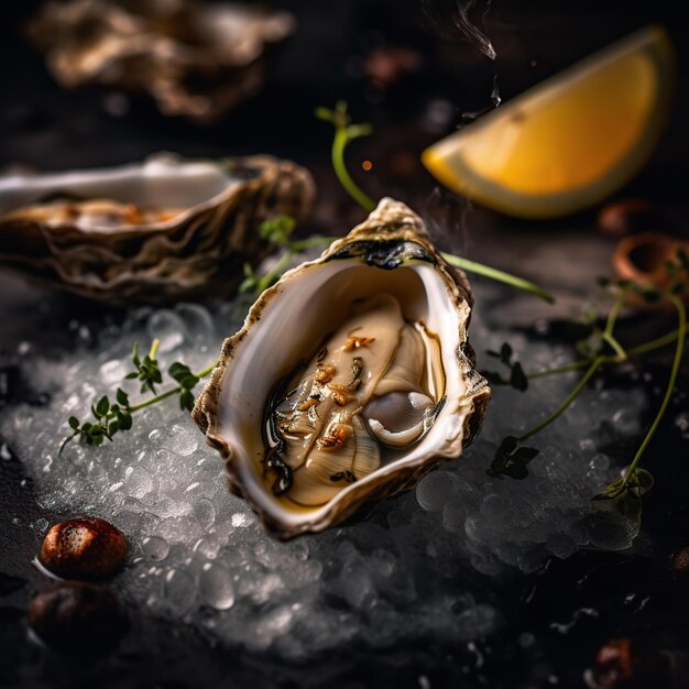 A oyster on ice with lemon and thyme