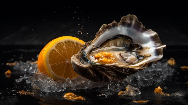 A oyster on ice with oranges and water