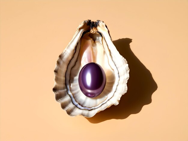 oyster with a purple pearl inside on a beige background