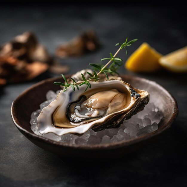 A oyster with a sprig of rosemary sits in a bowl with ice.