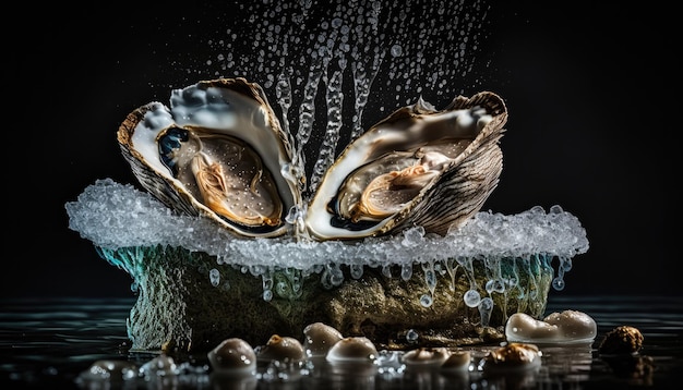 Oysters on a bed of ice with a black background