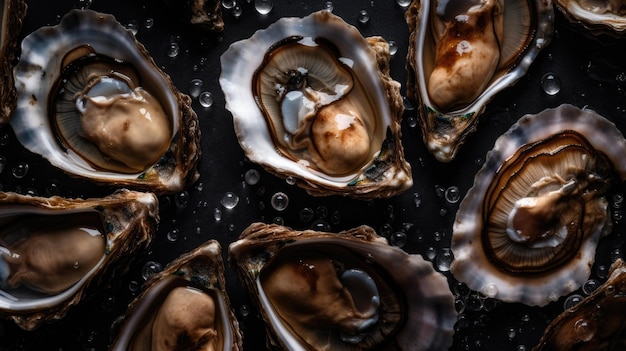 Oysters on a black plate with water drops