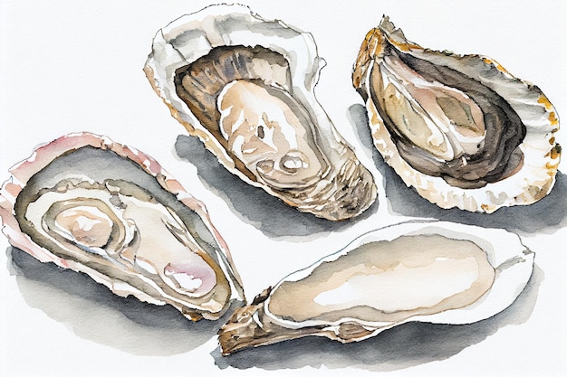 Oysters drawing with bit of watercolor generative ai