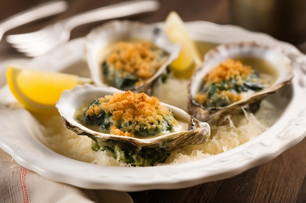 Oysters Rockefeller Oysters on a plate with parmesan cheese