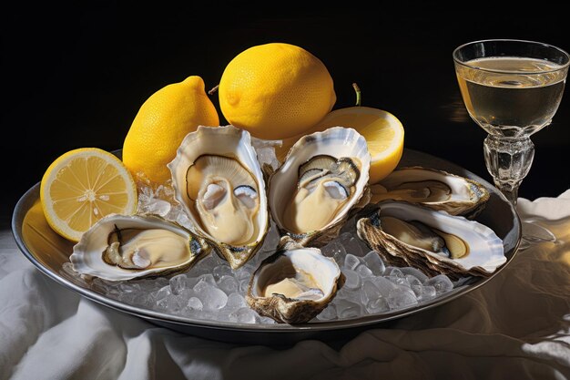 Ostriche al guscio su un piatto con ghiaccio e limone cibo frutti di mare molluschi