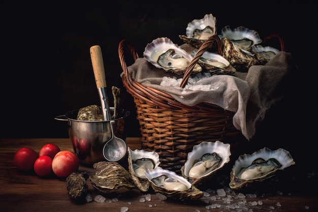 Oysters shells and a knife in a basket on ice