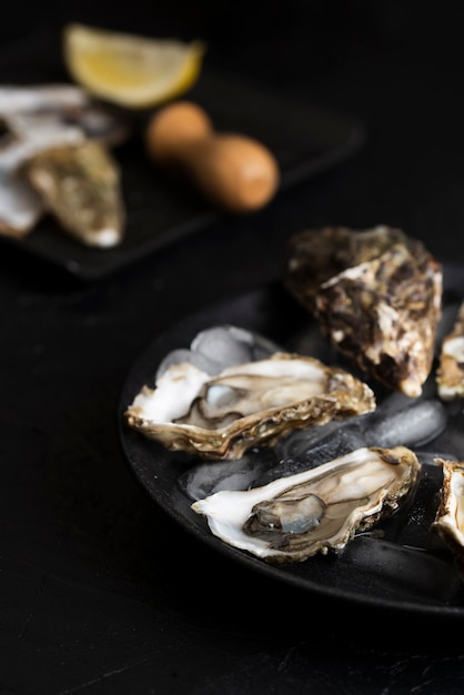 Oysters with defocused lemon slices and knife