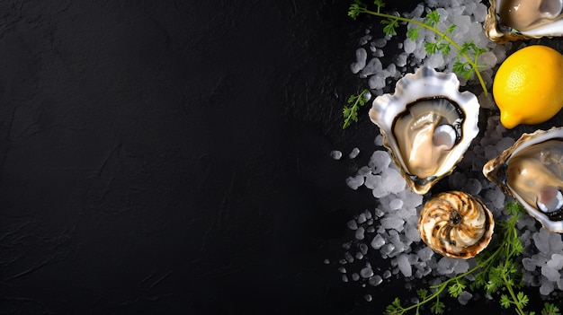 Oysters with ice and lemon on black stone background