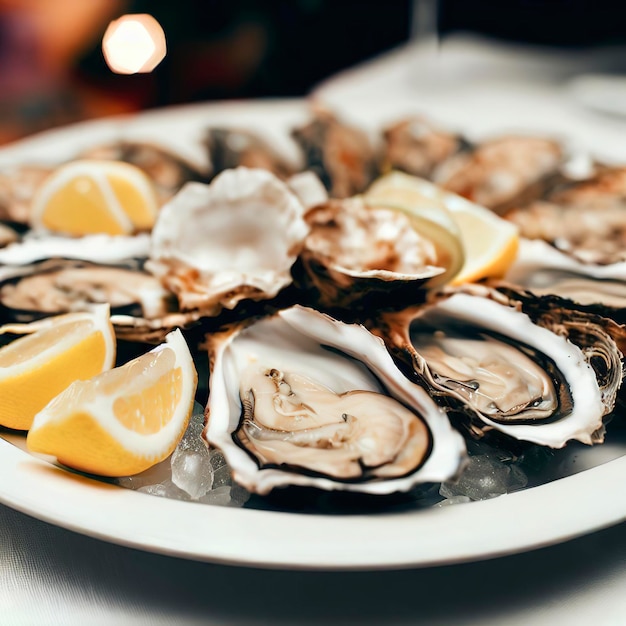 Oysters with lemon served on white round platter luxury delicatessen seafood
