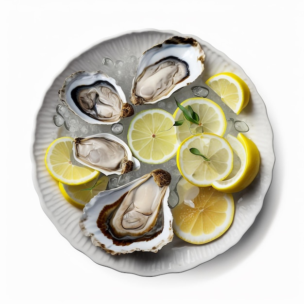 Oysters with lemon on white background isolate Generative AI