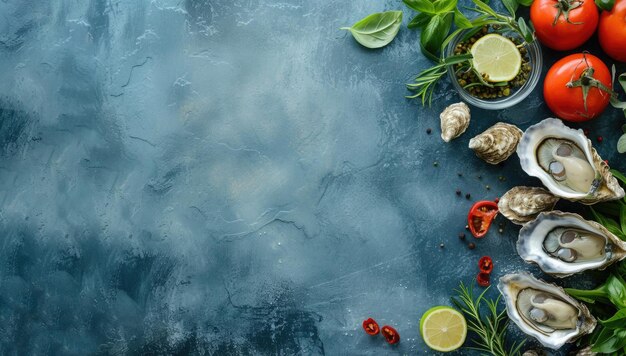 oysters with red tomatoes and herbs thyme basil lime spices on blue background with copy space