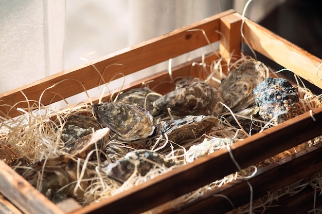 Oysters in a wooden box.