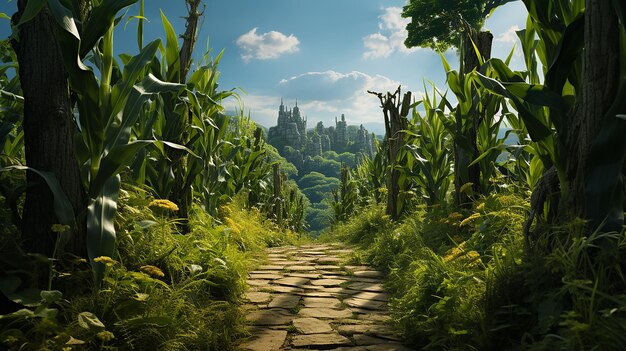 Photo ozian cornfields yellow brick road amidst the land of oz