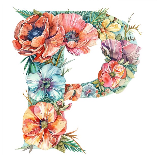 P letter with summer flowers