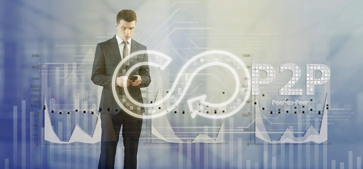 फोटो p2p gray light charts background a man in a business suit uses a mobile phone recycle digital sign