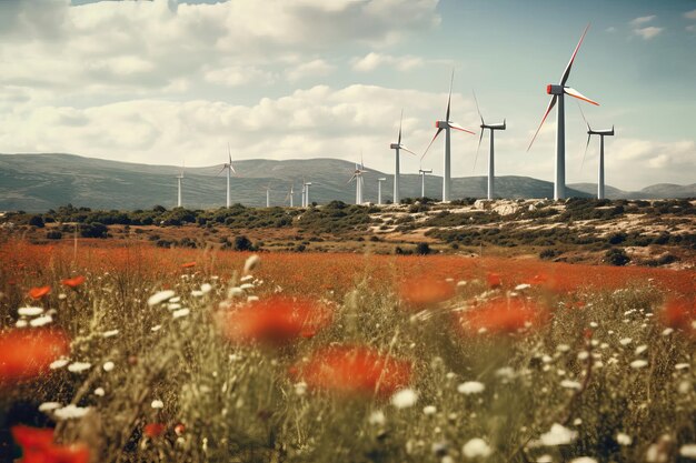 Paapbloesems in het veld tegen de achtergrond van molens en de lucht op een zonnige dag