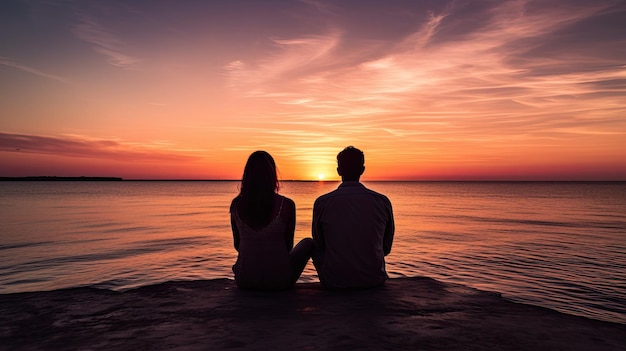 Paar apart zitten kijken naar de zonsondergang over de zee