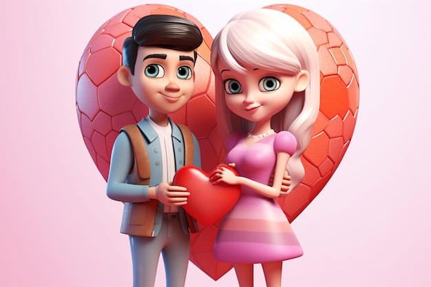 paar blank meisje met roze hart 3d cartoon
