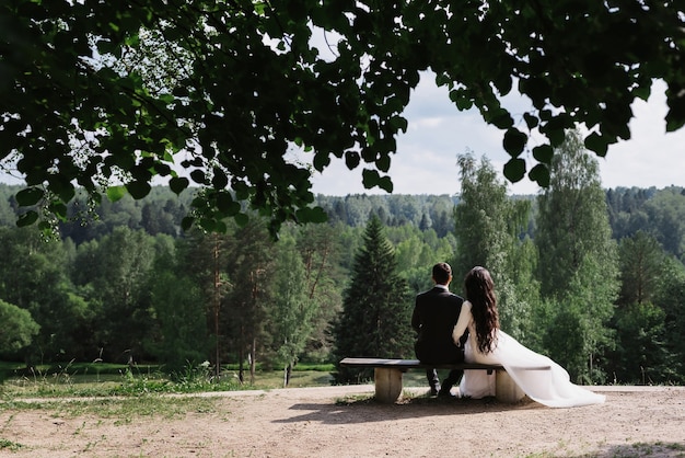 Paar bruid en bruidegom omarmen zittend op een bankje op een trouwdag in de zomer in de natuur