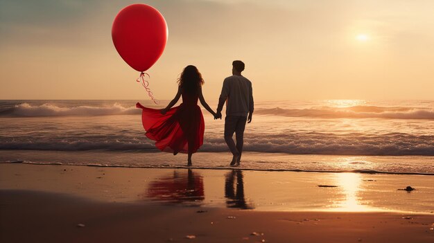 Paar dansen aan de kust in de avond met hartvormige ballonnen Generatieve AI