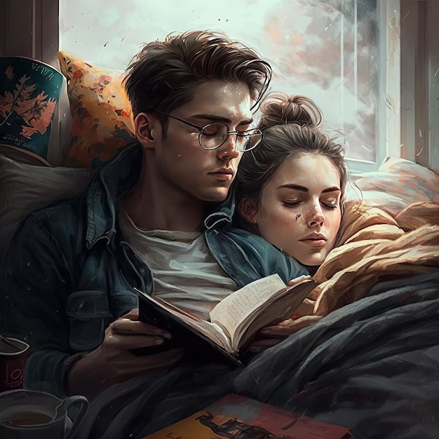 Paar dat een boek leest in bed jonge man met een bril en meisje dat in bed slaapt ontspannende herfst gezellige stemming