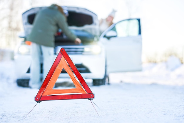 Paar dat probleem heeft met de auto tijdens de winterreis. Hoge kwaliteit foto