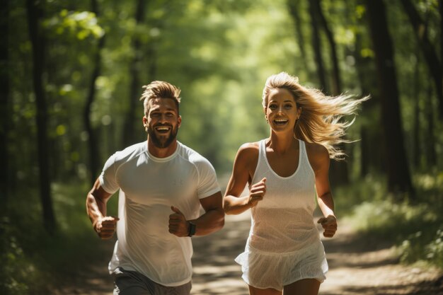 Foto paar dat samen sport, samen hardlopen in de buitenlucht, ochtendloop, gezonde levensstijl, sportconcept