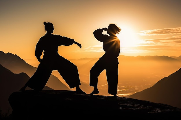 Foto paar dat vechtsporten beoefent op de top van een berg generatieve ai