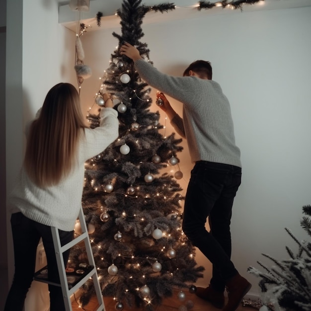 Paar die Kerstmisboom in woonkamer verfraaien