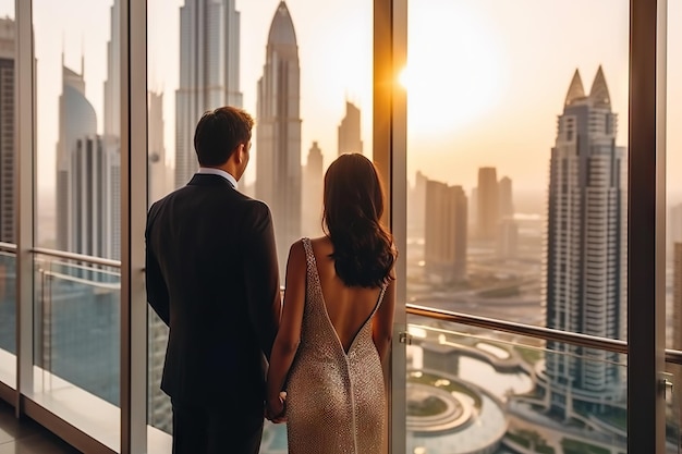 Paar genieten van de skyline van Dubai Generatieve AI