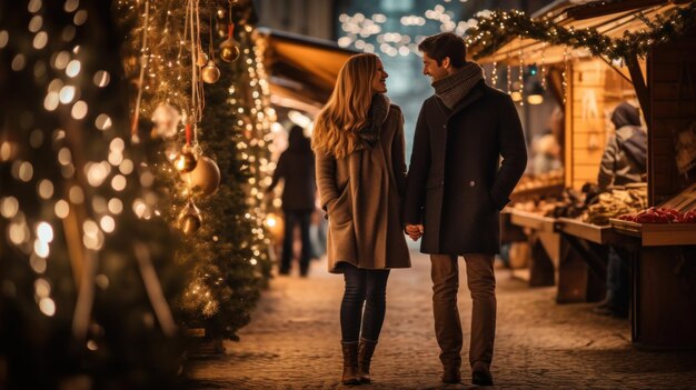 Paar genieten van kerstmarkt wandelen in de buurt van kraampjes