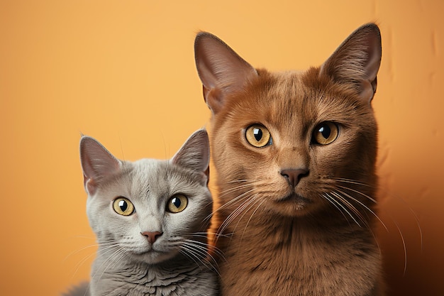 Paar grijze Britse katten die dicht bij elkaar zitten op oranje achtergrond