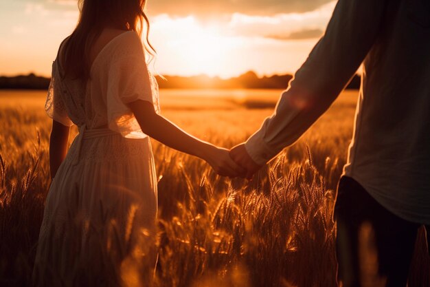 Paar hand in hand in een veld bij zonsondergang concept passie en liefde