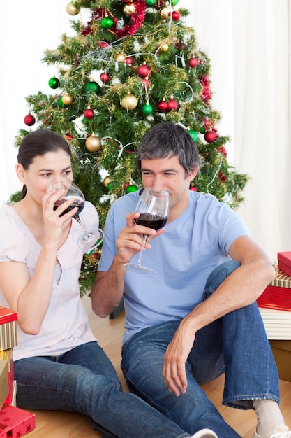 Paar het drinken wijn bij homa in kerstmistijd