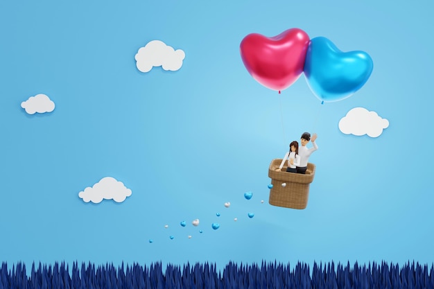 Paar in ballon vliegen met hart vallen op het grasveld Valentijnsdag viering 3D-rendering