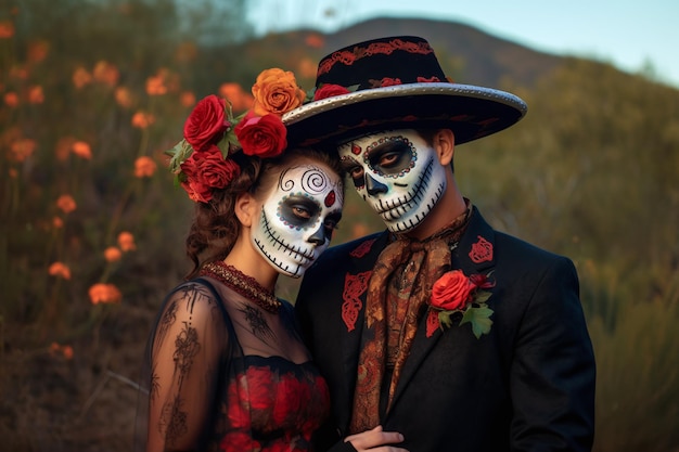 Paar in calavera make-up en kostuums die de Dag van de Doden vieren op een onscherpe natuurachtergrond Gemaakt met generatieve AI-technologie