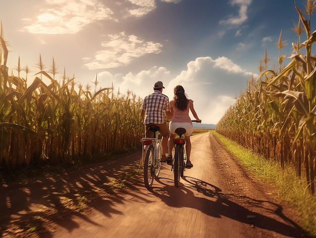 paar jonge mensen in het maïsveld gaat door met fiets gegenereerd ia