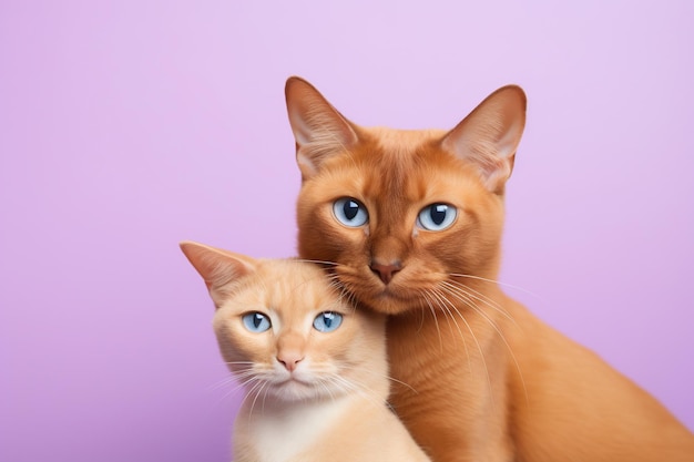 Foto paar katten gember en beige zitten dicht bij elkaar op een violette roze achtergrond