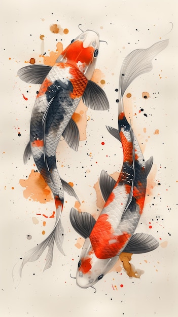 Foto paar koi vissen in een yin yang formatie met waterverf splashes aziatische cultuur achtergrond