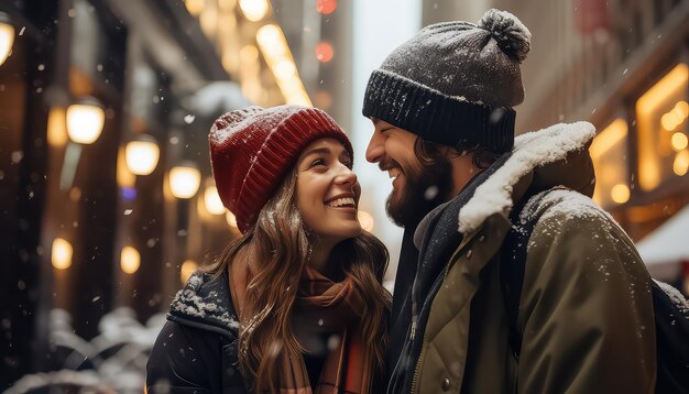 Paar lopen door de straten van de winterstad Kerstmis en Nieuwjaar concept