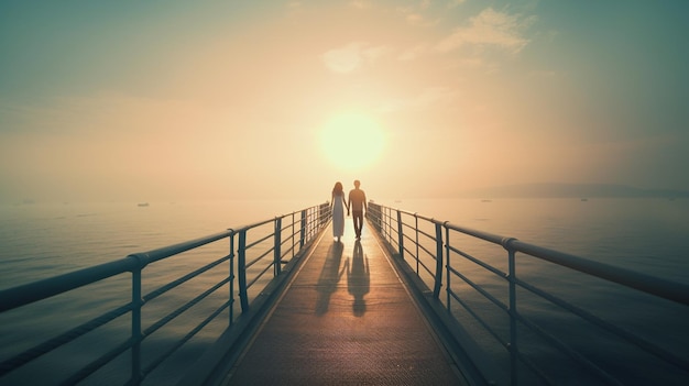 Foto paar lopen op een pier met zon achter hen